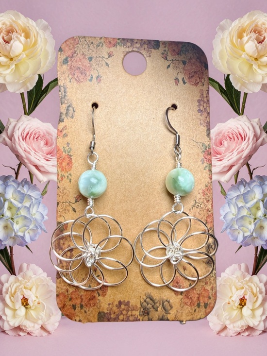 Jewelry - Green Moonstone Flower Earrings Wire Wrapped Handmade